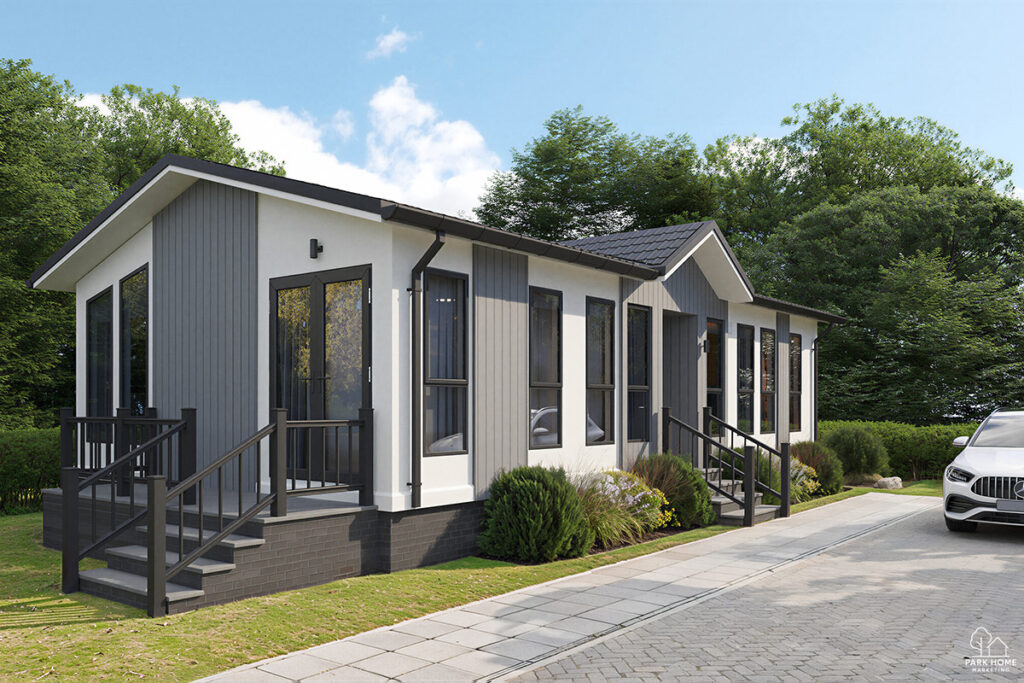 modern lodge exterior cgi grey cladding park and leisure marketing